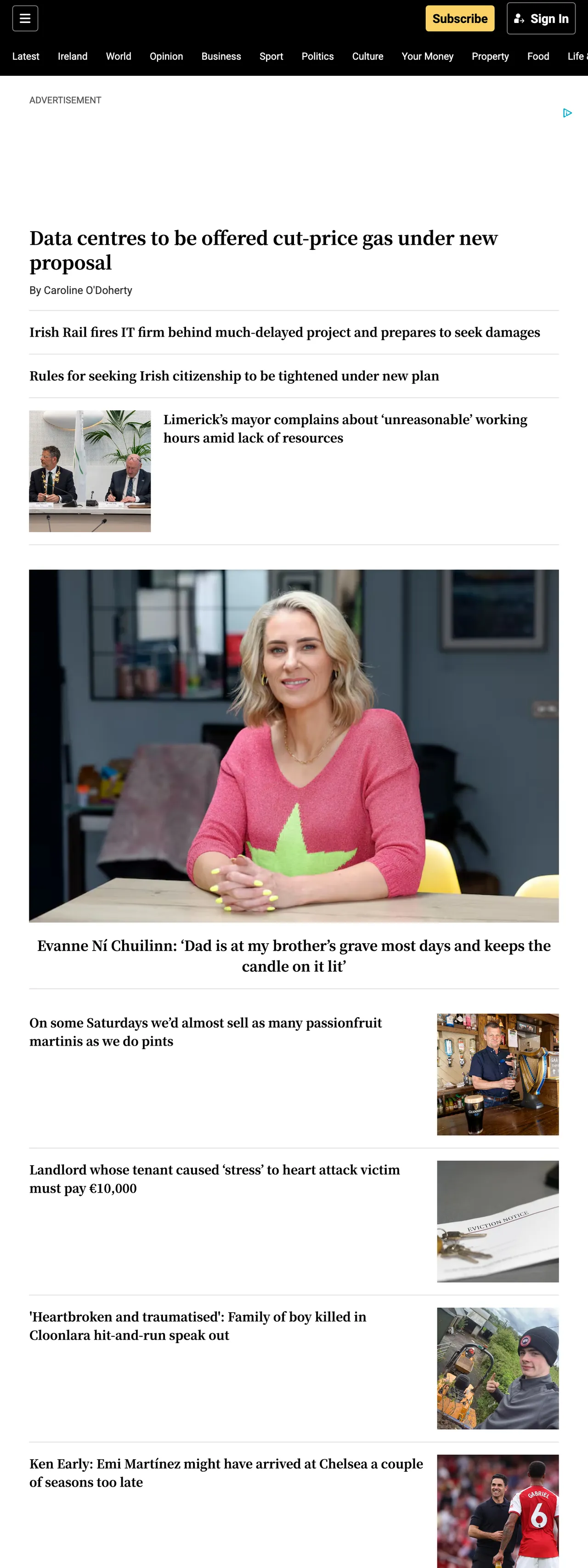 Screenshot of the The Irish Times front page