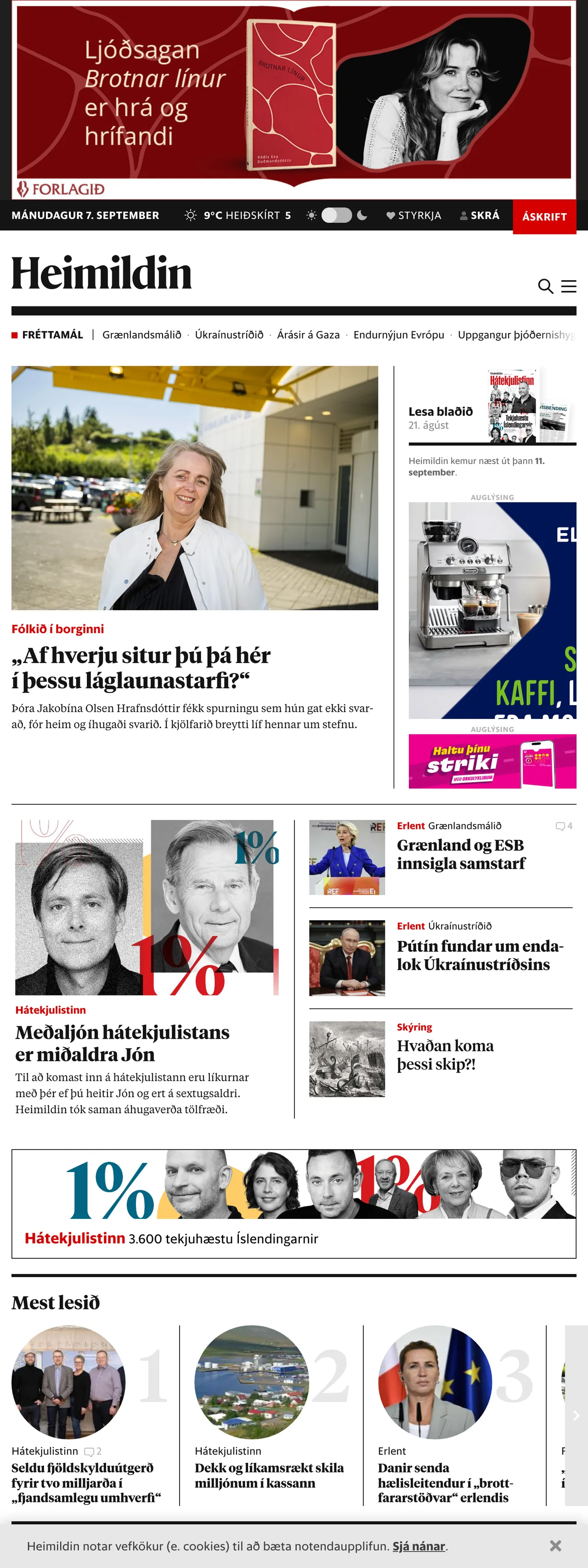 Screenshot of the Heimildin front page