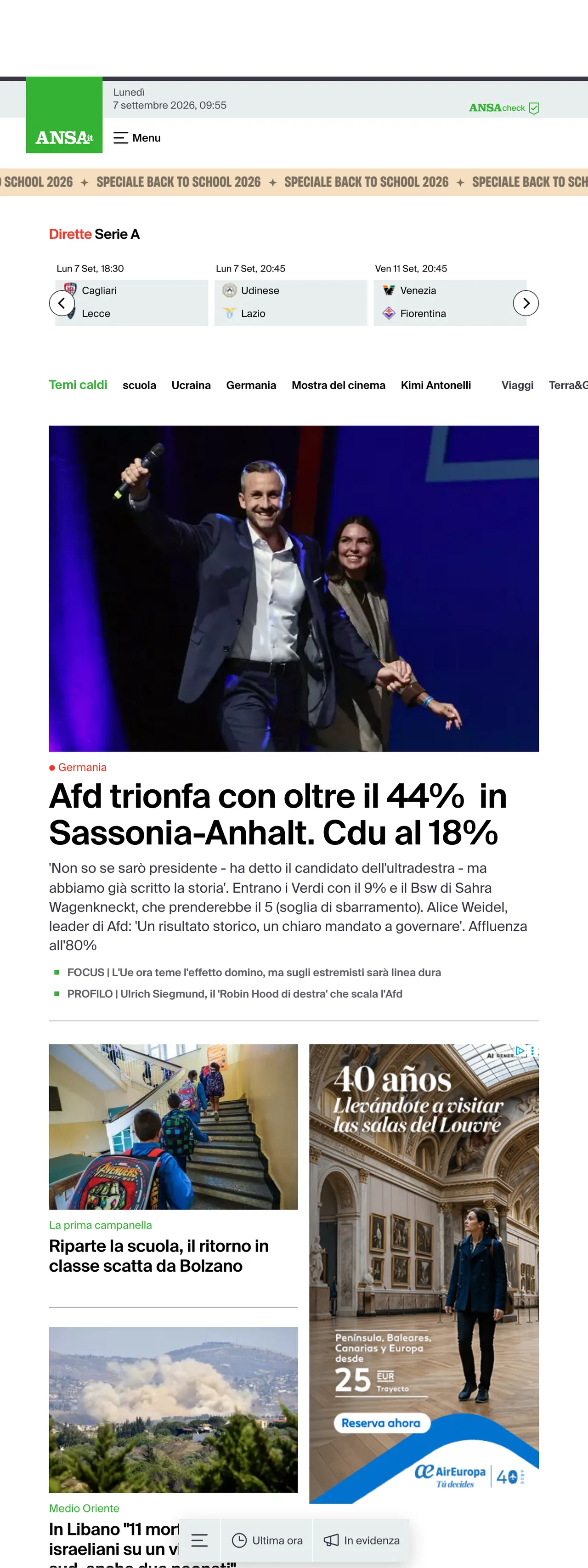 Screenshot of the ANSA front page