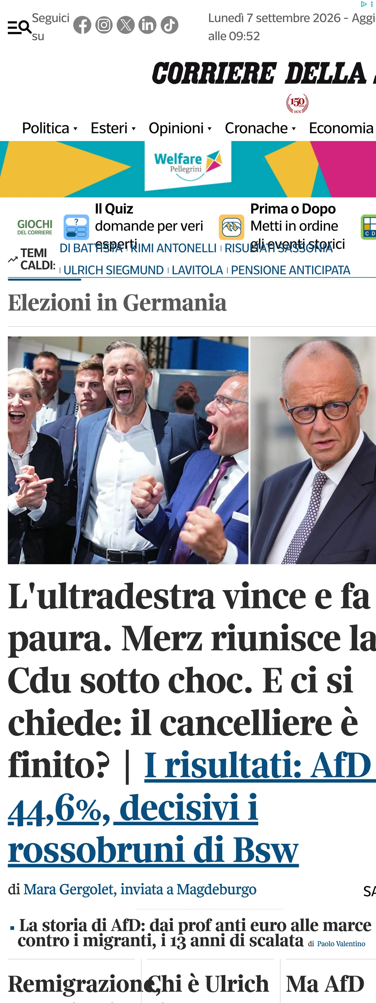 Screenshot of the Corriere della Sera front page