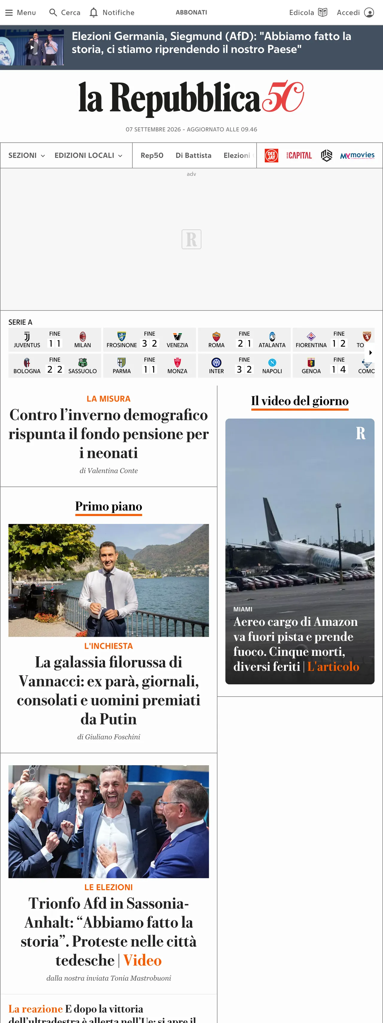 Screenshot of the la Repubblica front page