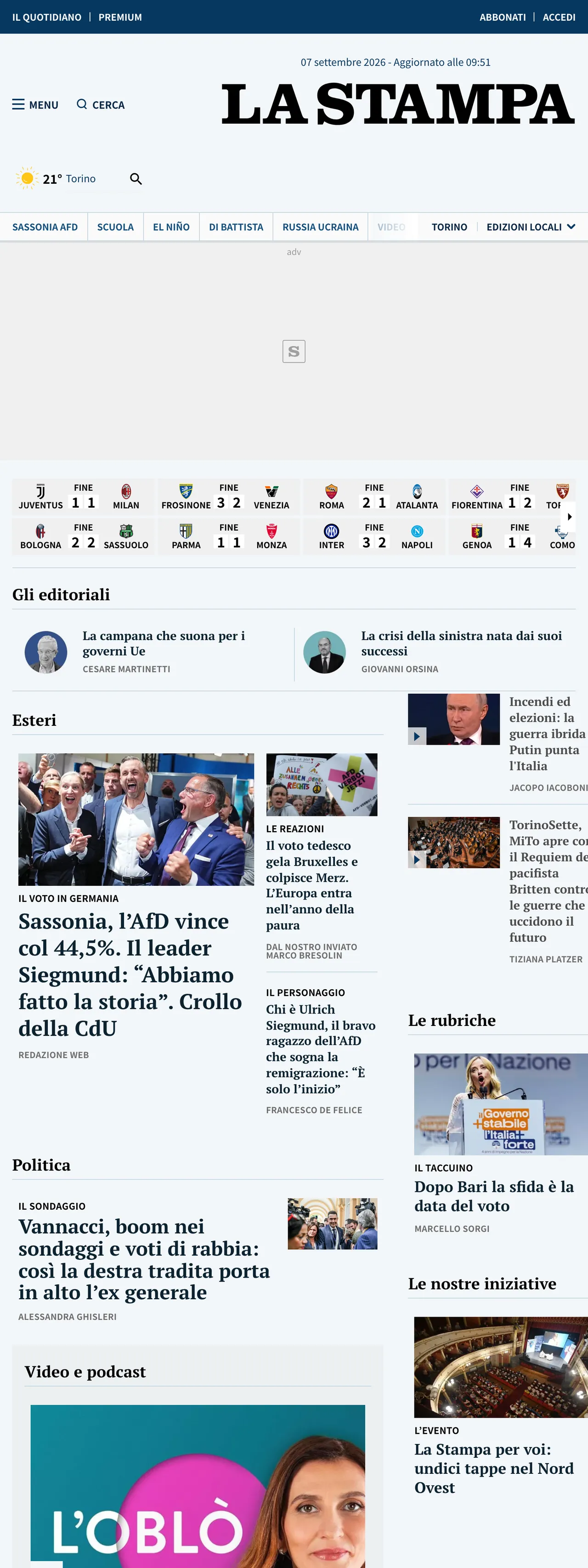 Screenshot of the La Stampa front page