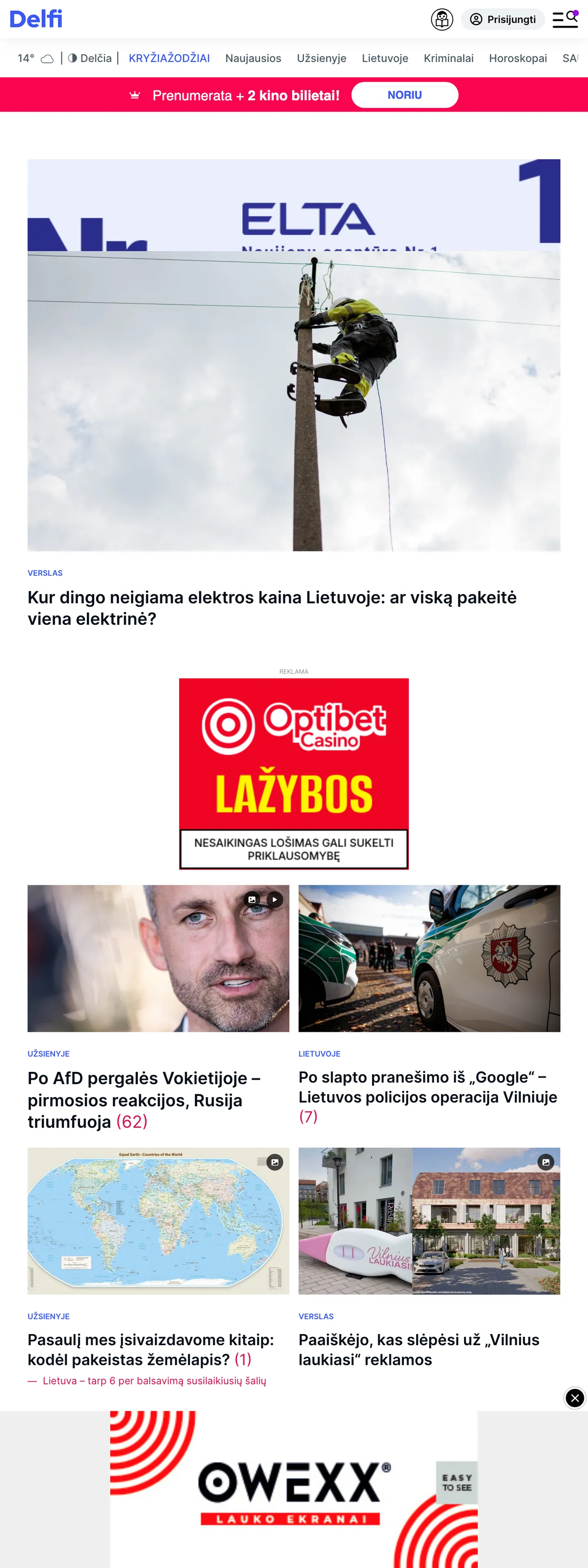 Screenshot of the Delfi front page