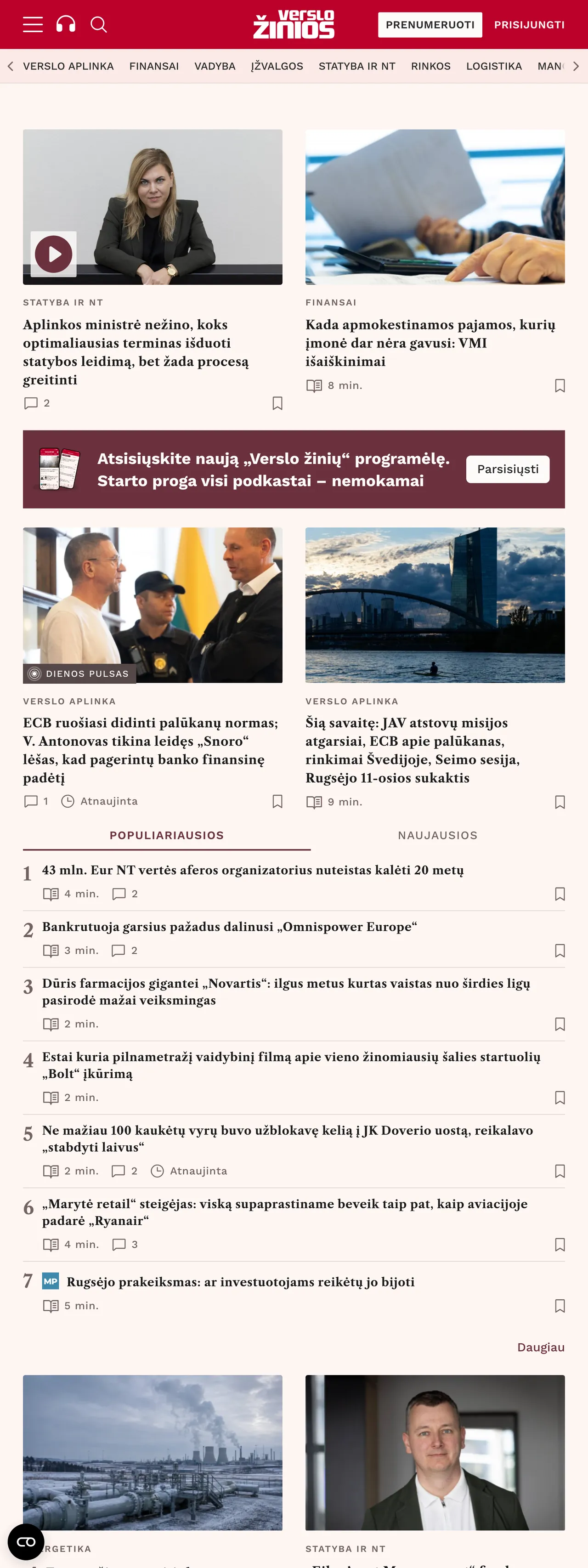 Screenshot of the Verslo žinios front page