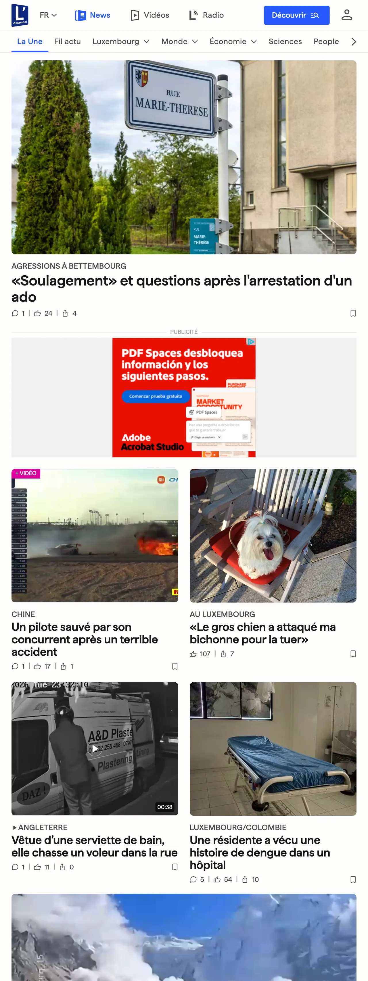 Screenshot of the L'essentiel front page