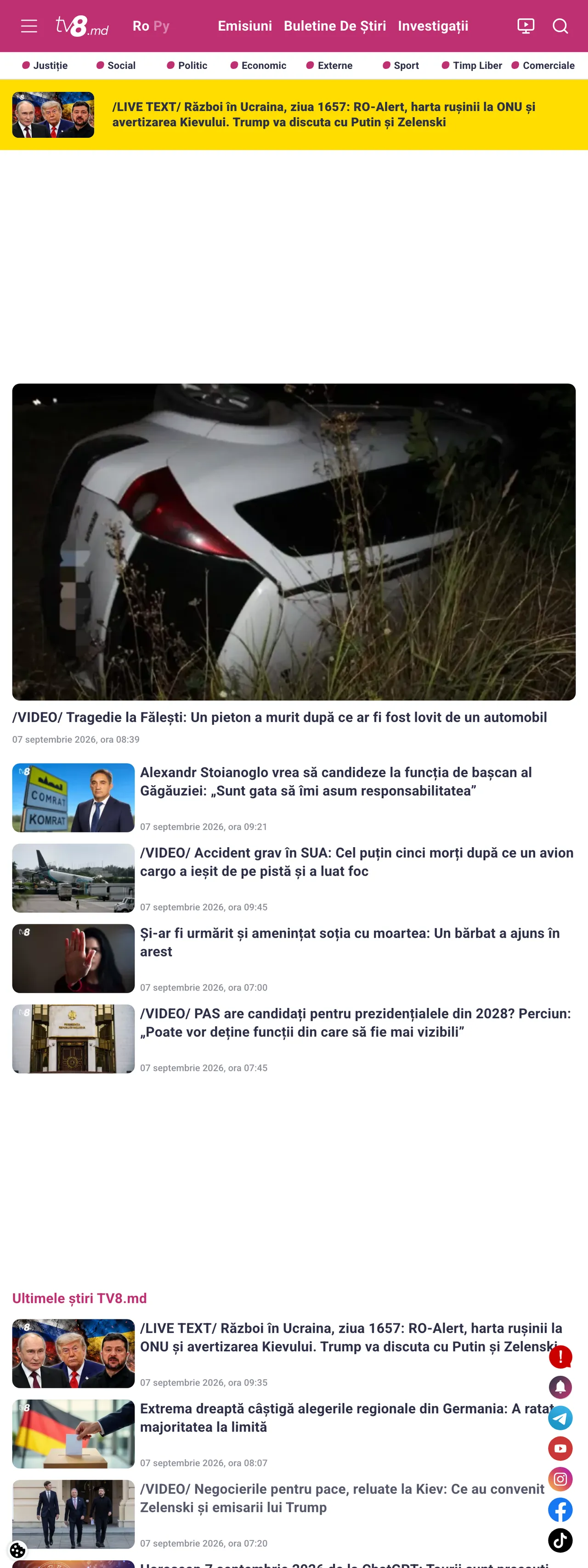 Screenshot of the TV8 front page