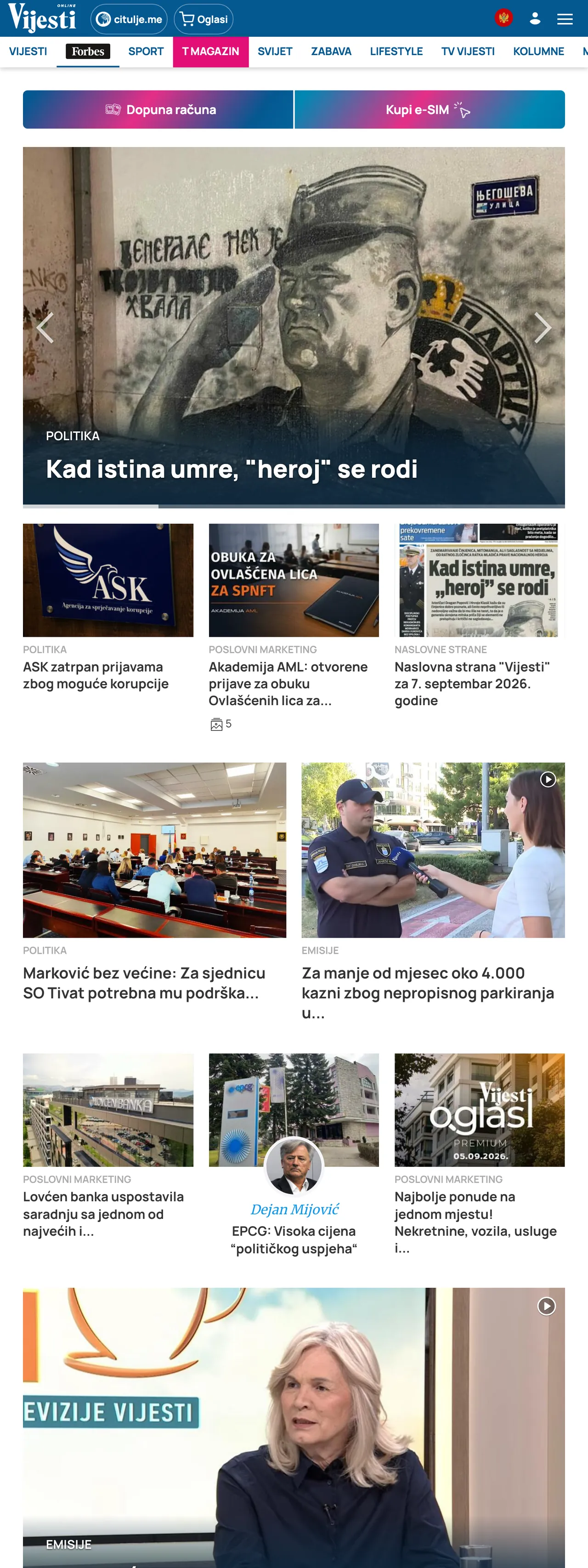 Screenshot of the Vijesti front page