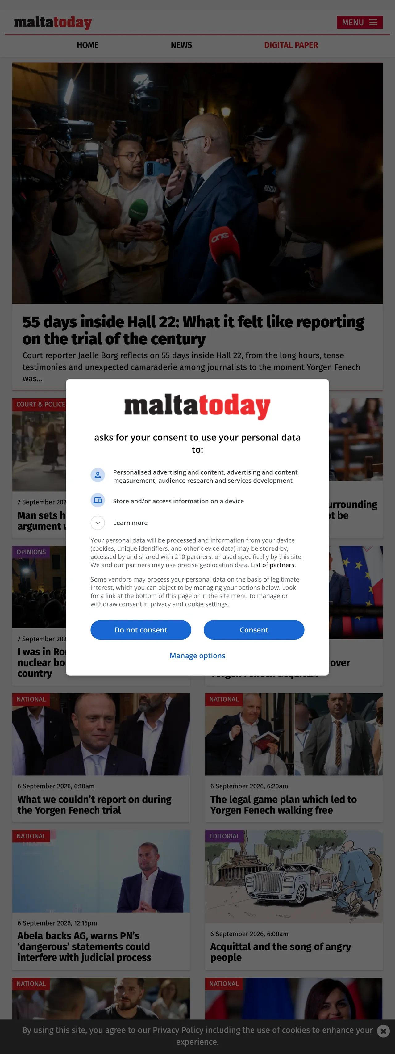 Screenshot of the Malta Today front page