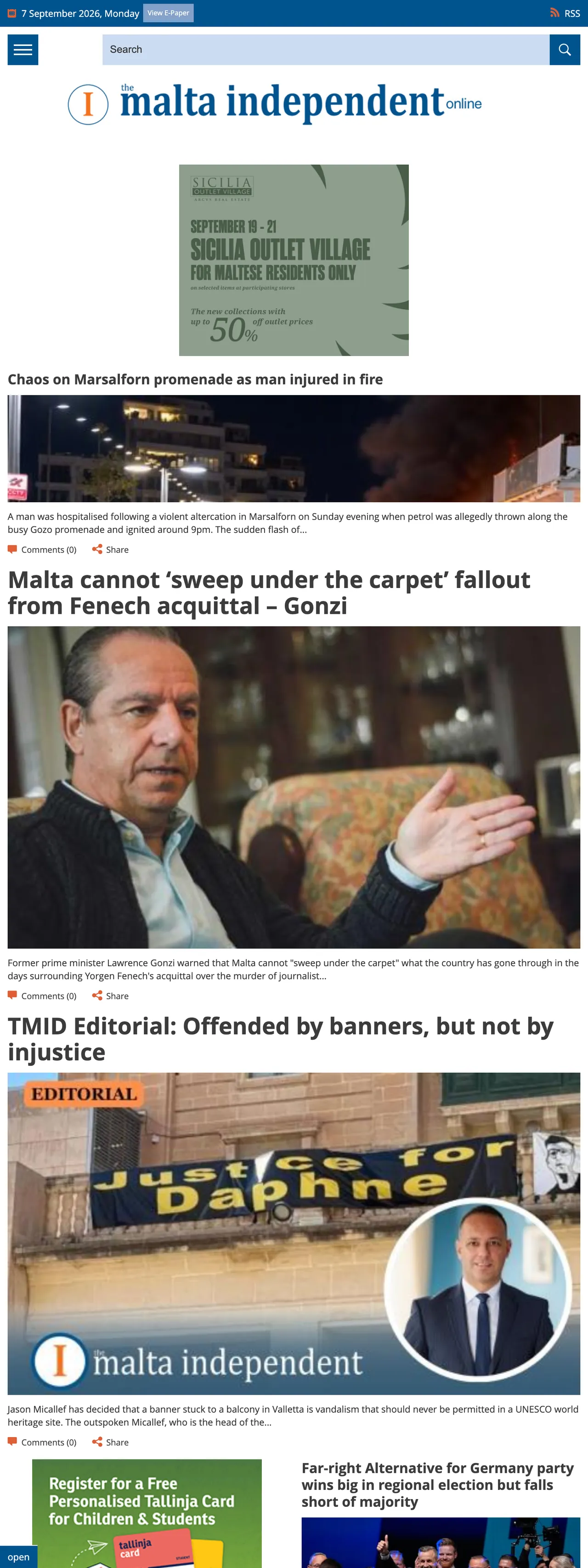 Screenshot of the The Malta Independent front page