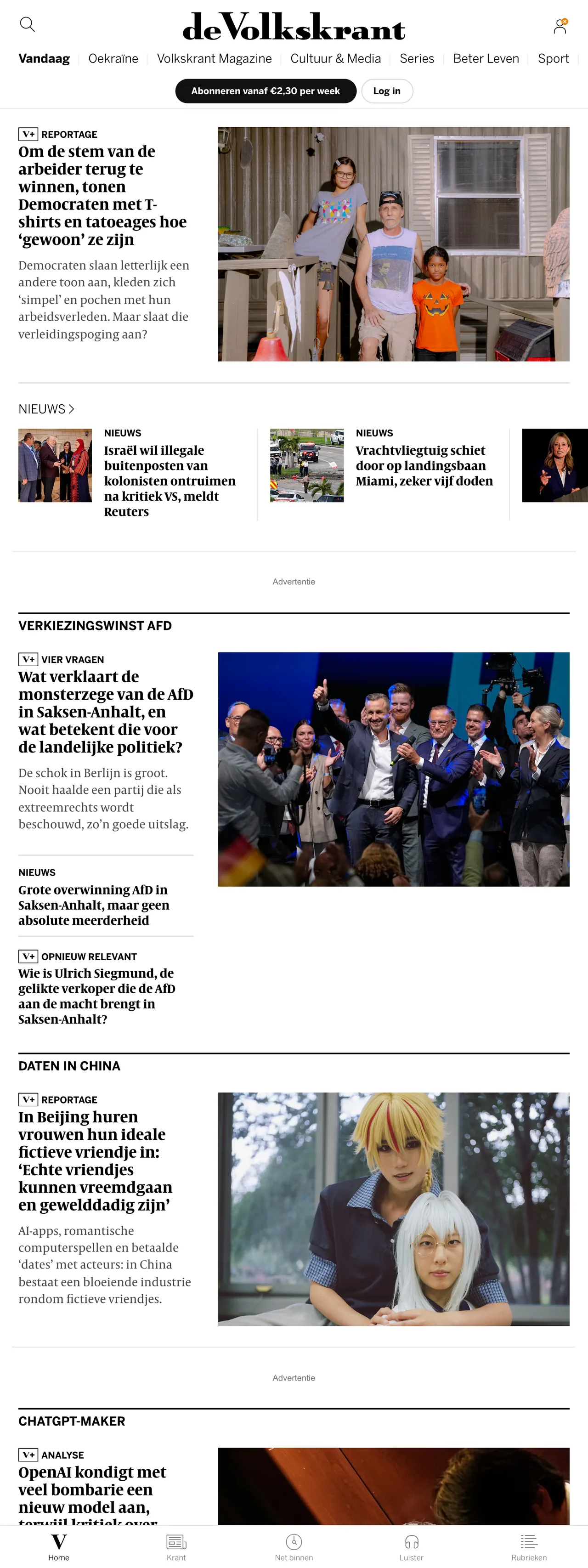 Screenshot of the de Volkskrant front page