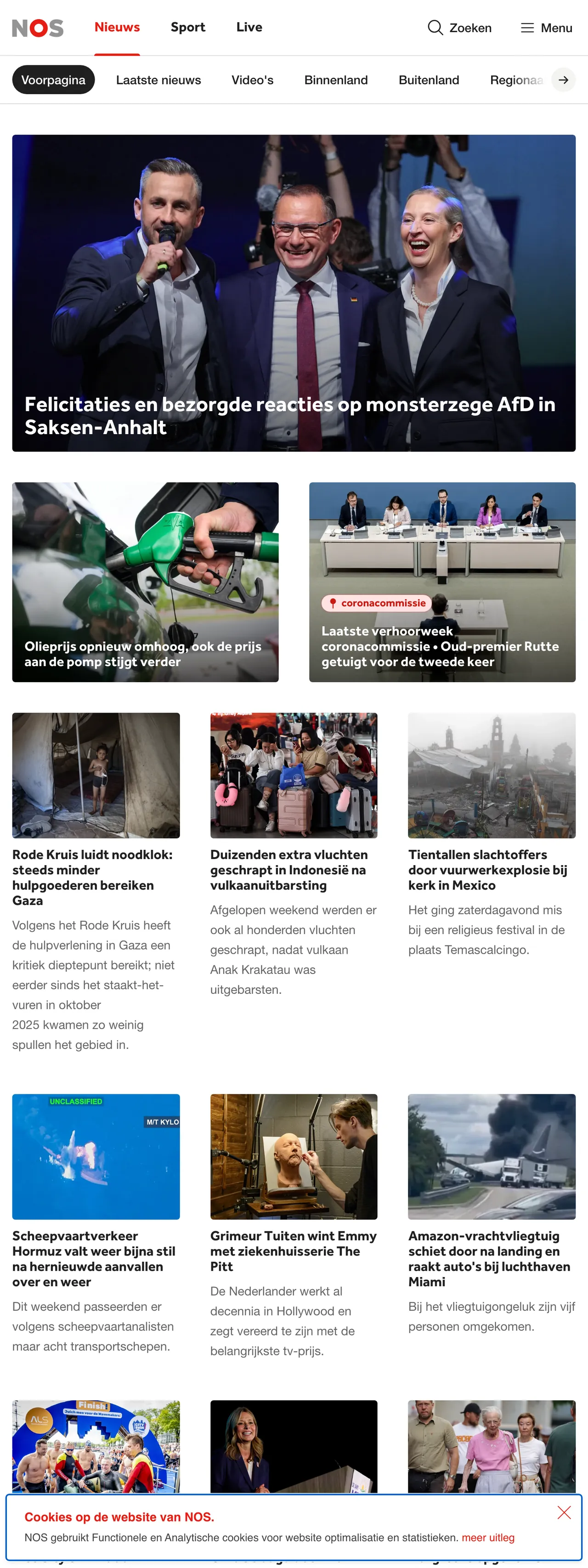 Screenshot of the NOS front page