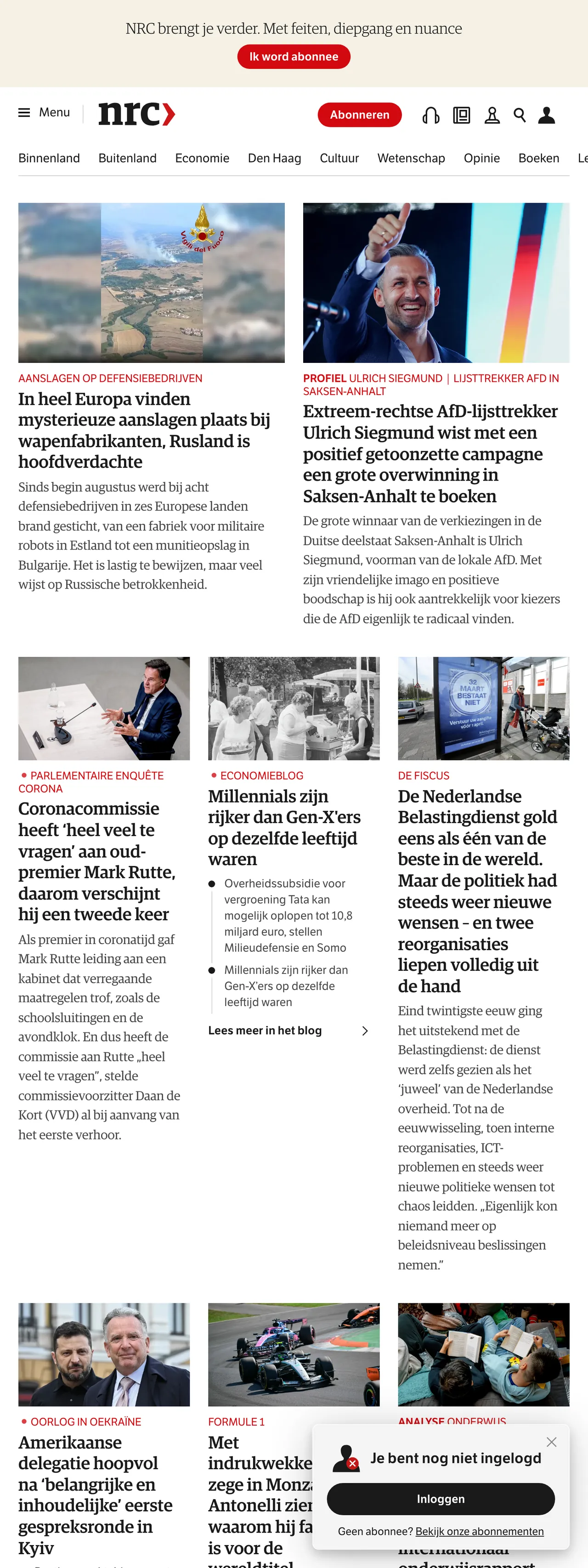 Screenshot of the NRC front page