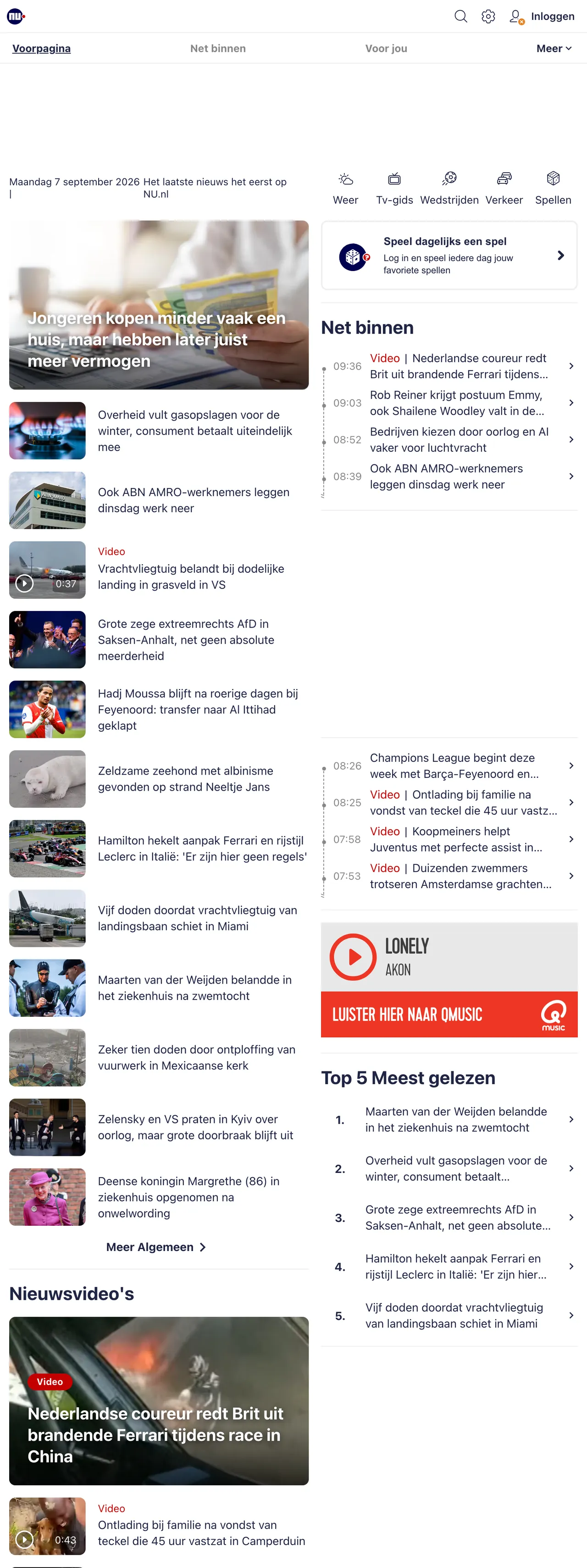 Screenshot of the NU.nl front page