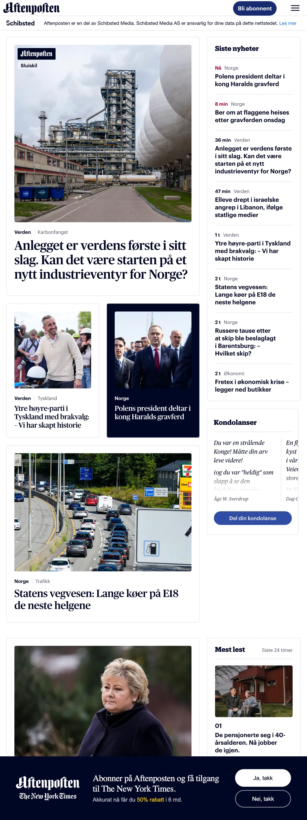 Screenshot of the Aftenposten front page