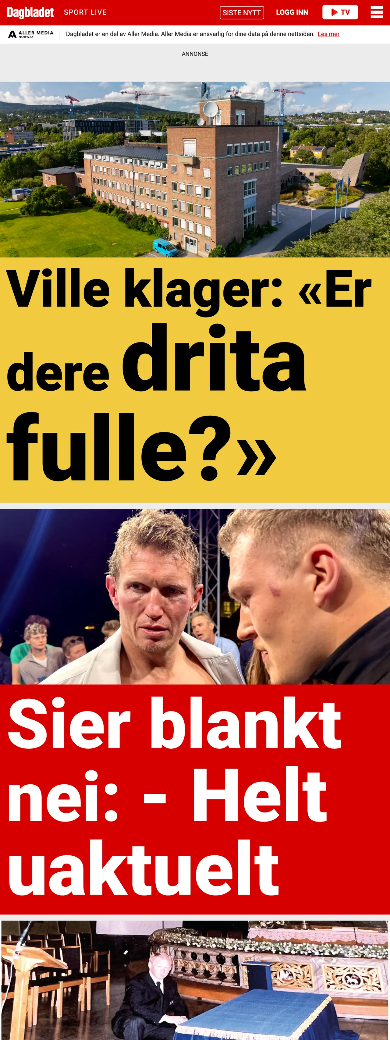 Screenshot of the Dagbladet front page