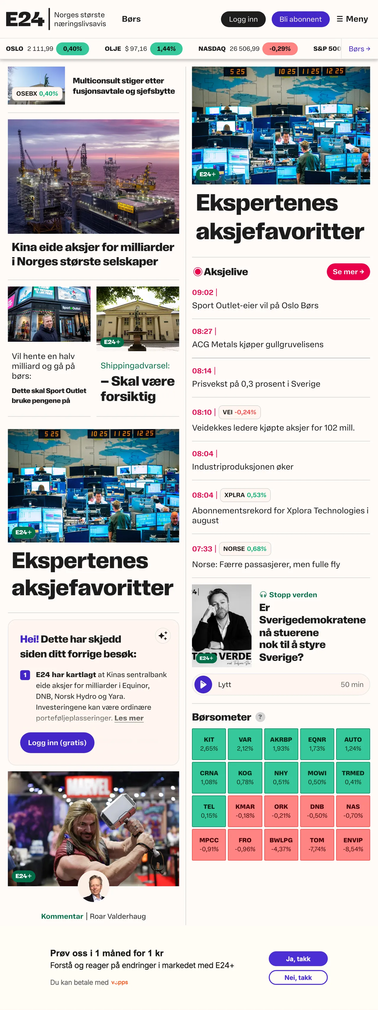 Screenshot of the E24 front page