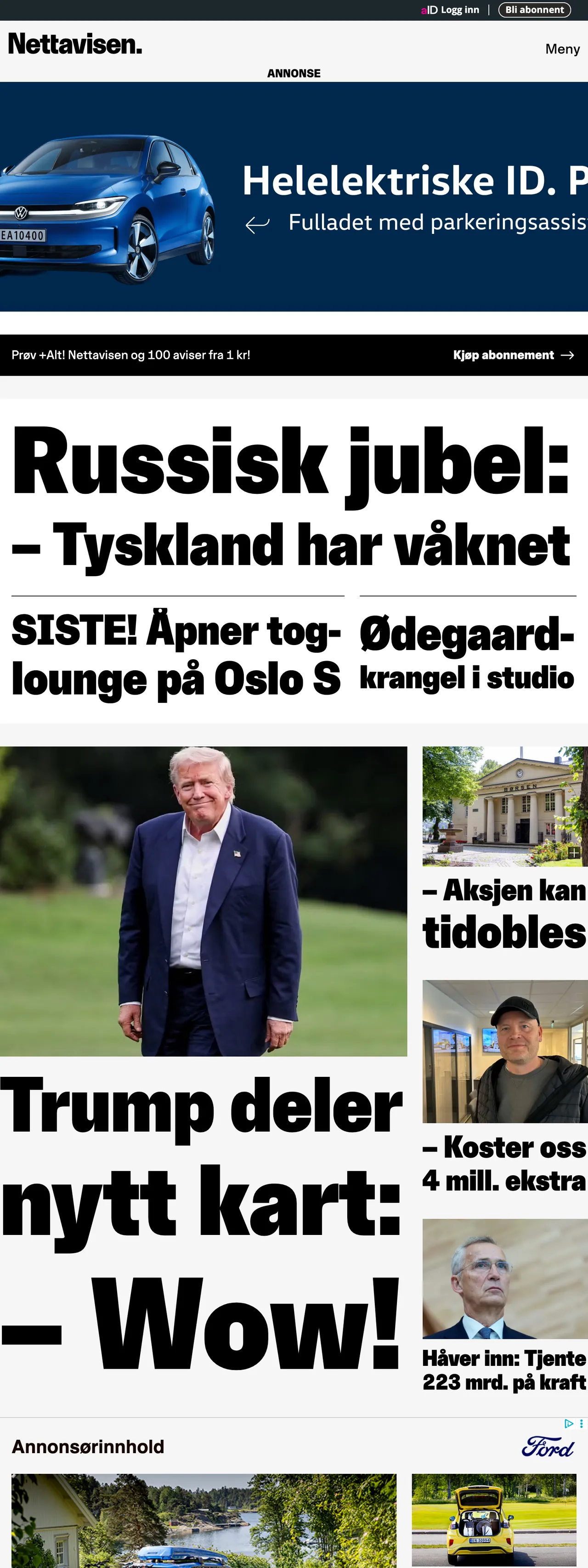 Screenshot of the Nettavisen front page