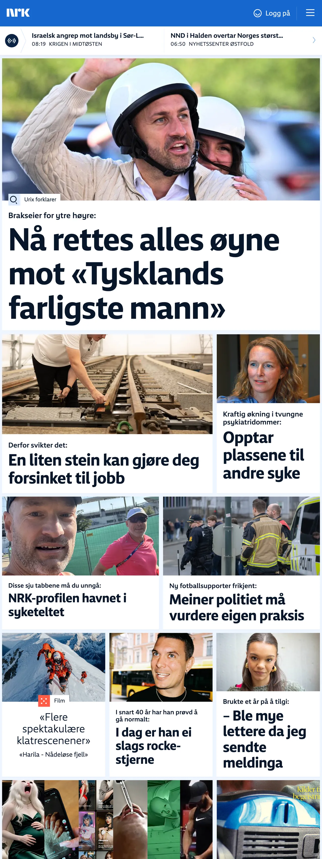 Screenshot of the NRK front page