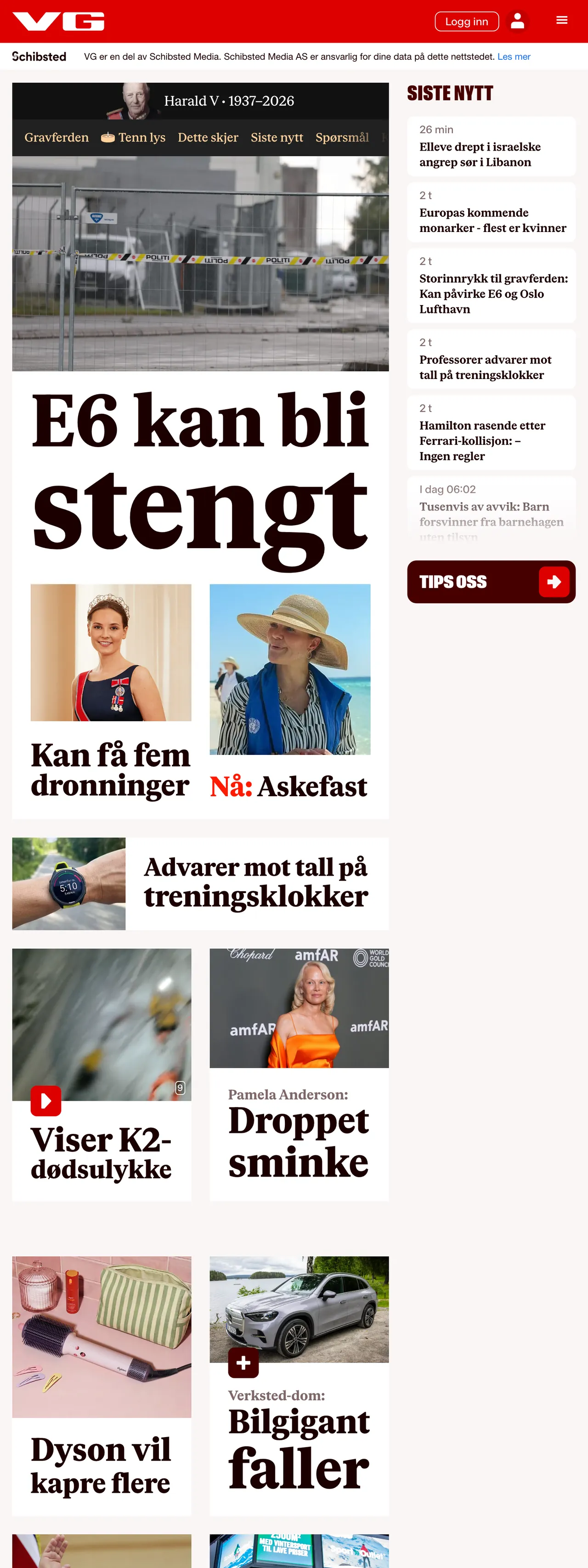 Screenshot of the VG front page