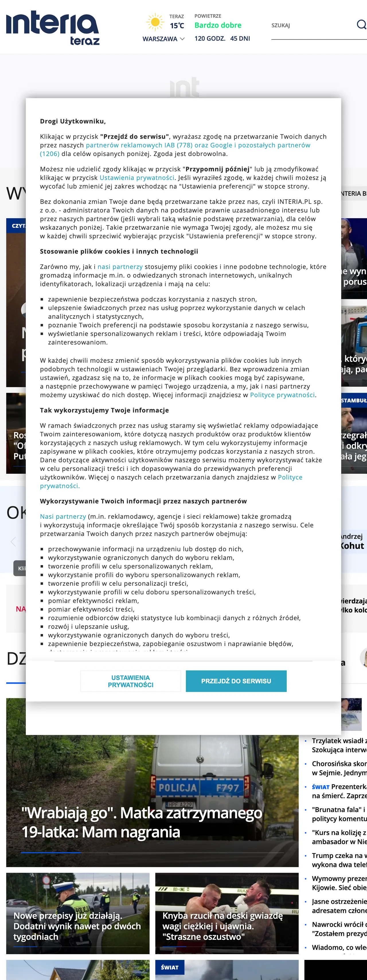 Screenshot of the Interia front page
