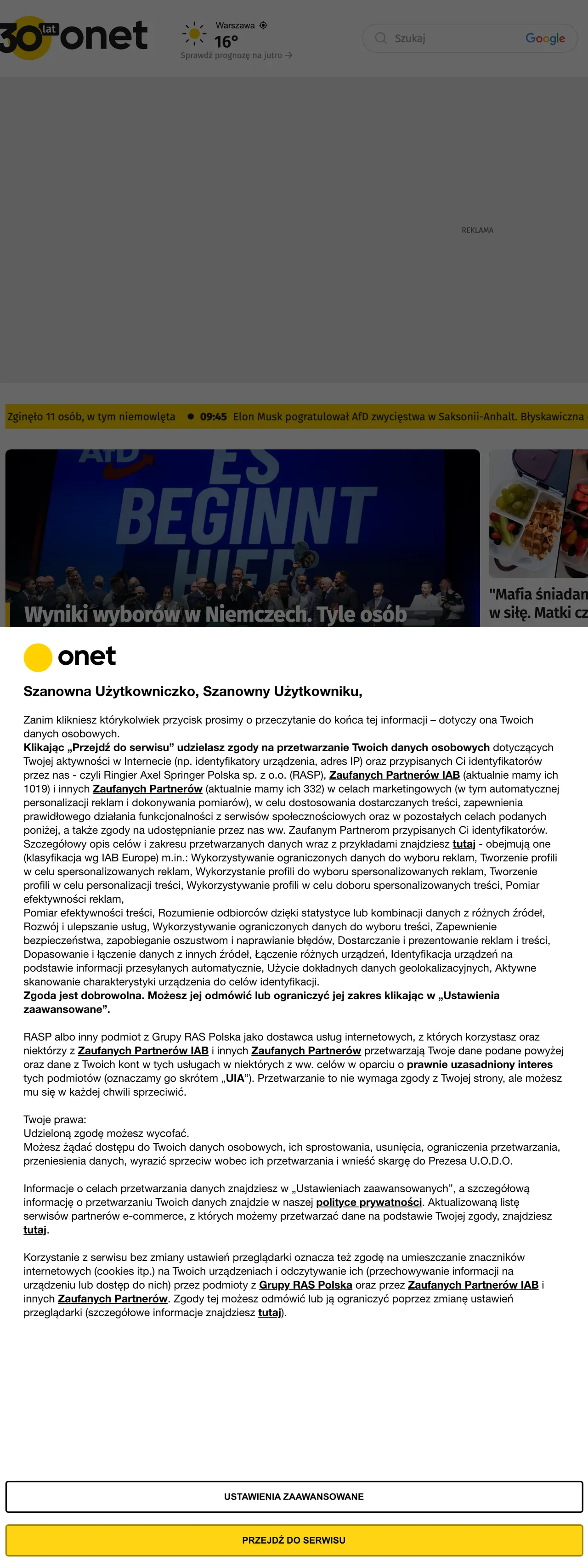 Screenshot of the Onet front page