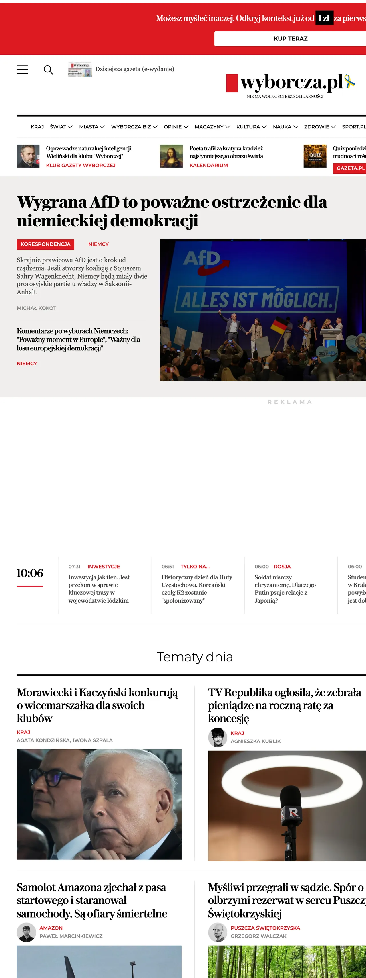 Screenshot of the Wyborcza front page