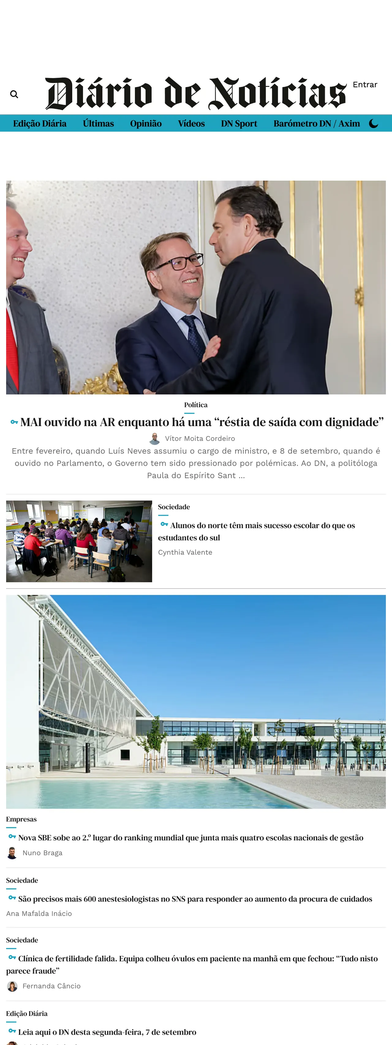 Screenshot of the Diário de Notícias front page