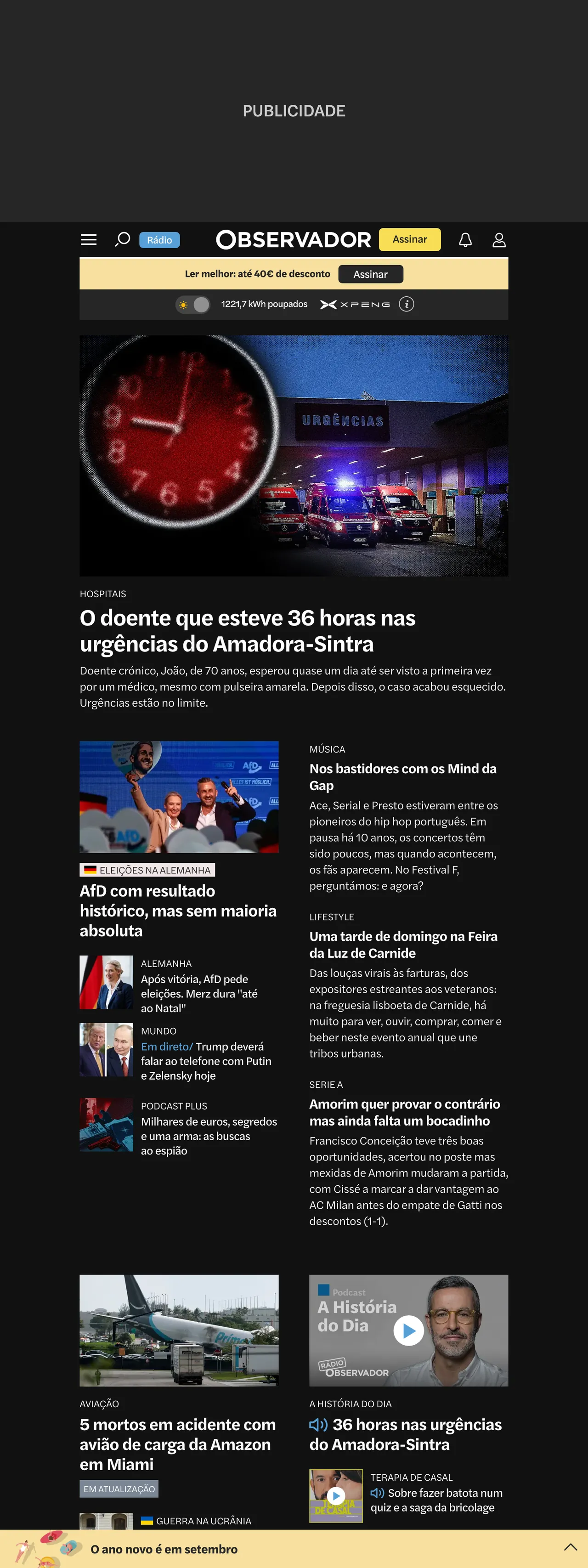 Screenshot of the Observador front page