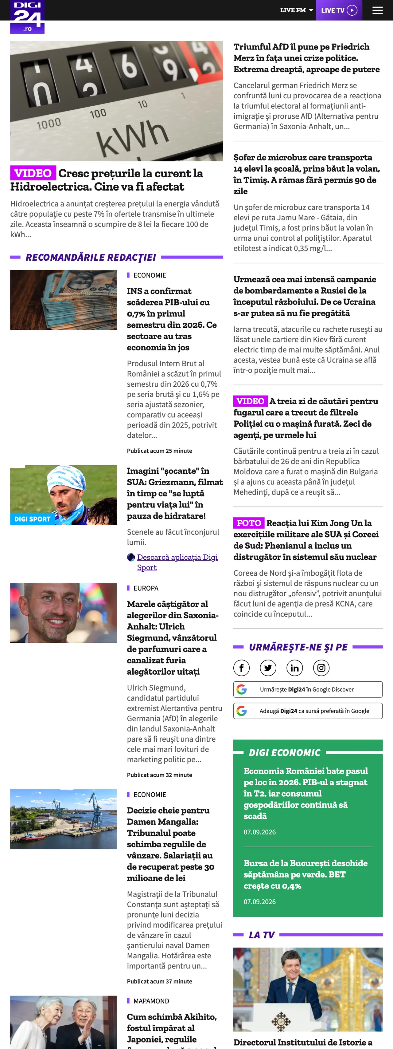 Screenshot of the Digi24 front page