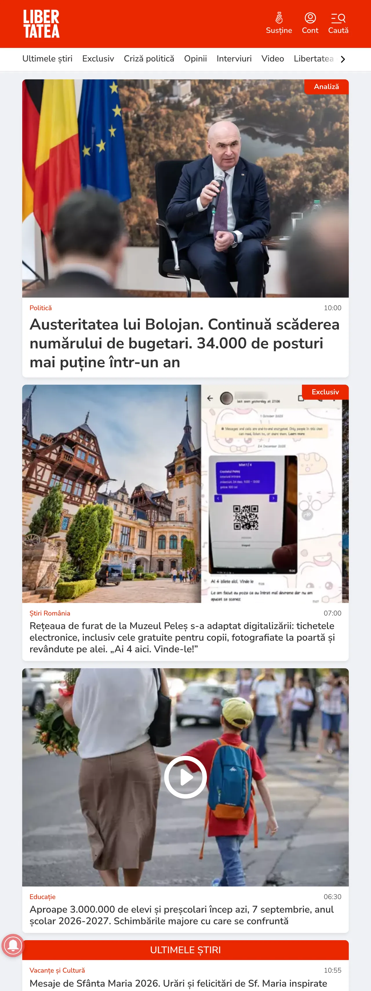 Screenshot of the Libertatea front page
