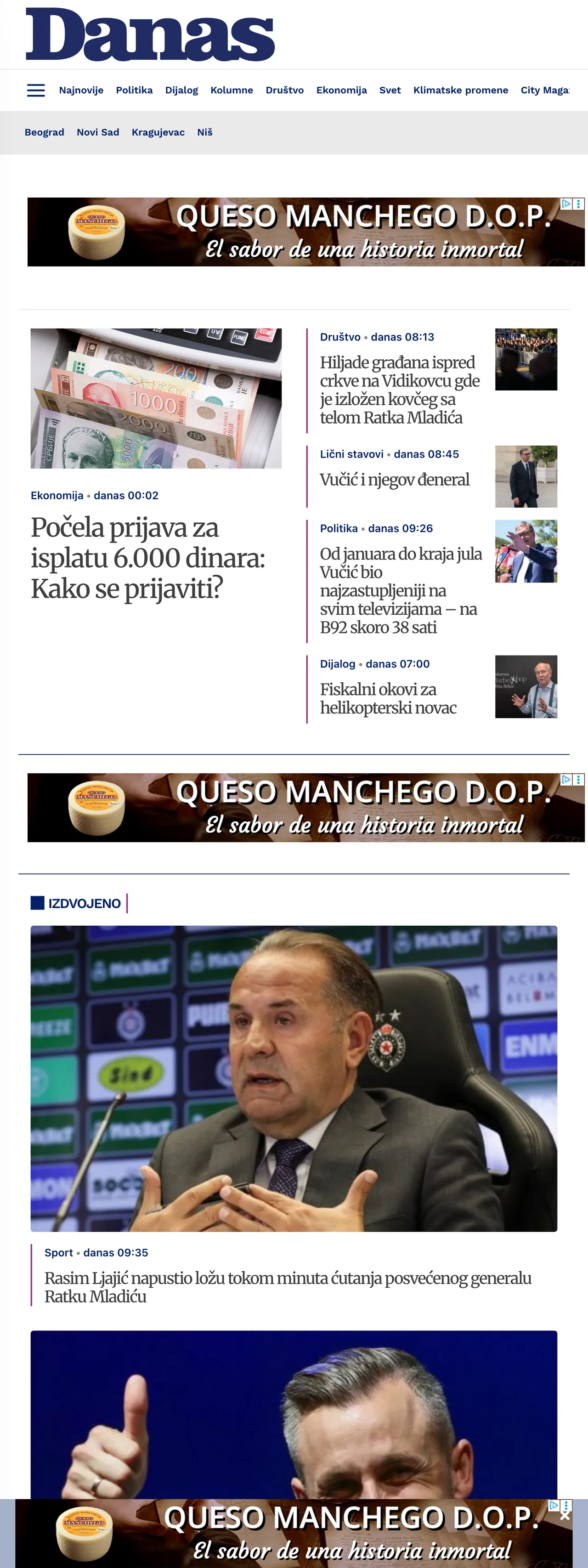 Screenshot of the Danas front page