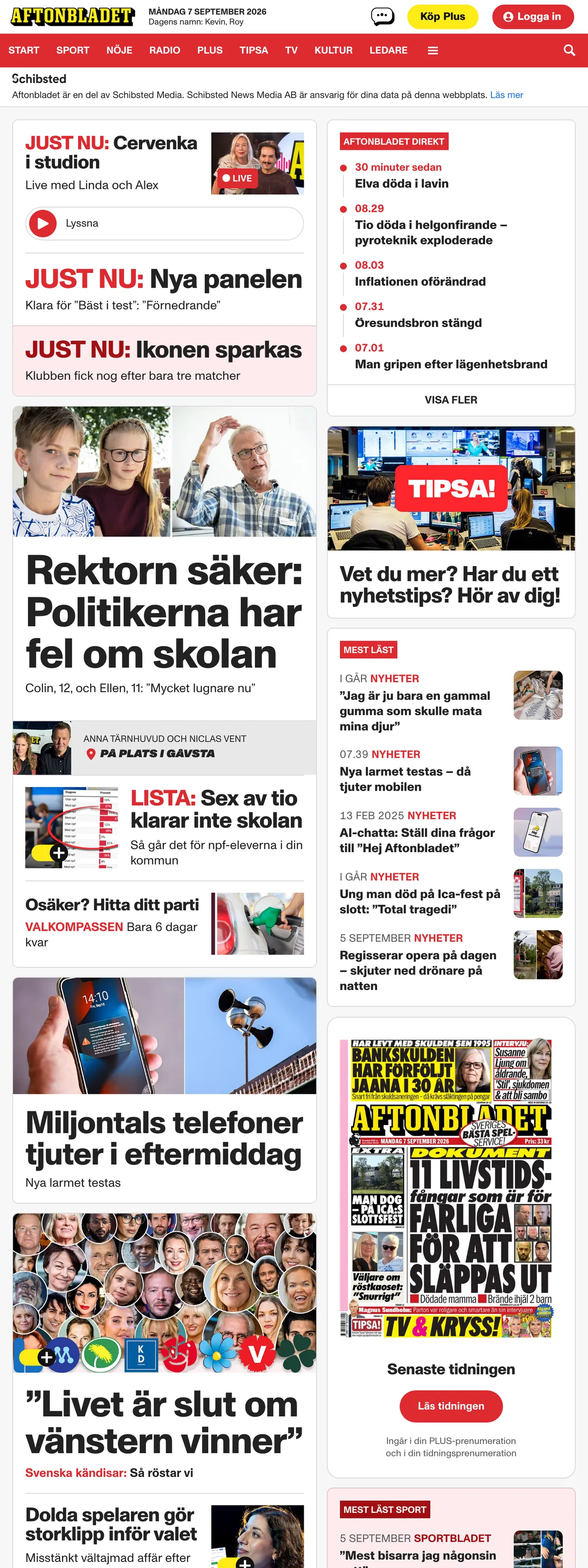 Screenshot of the Aftonbladet front page