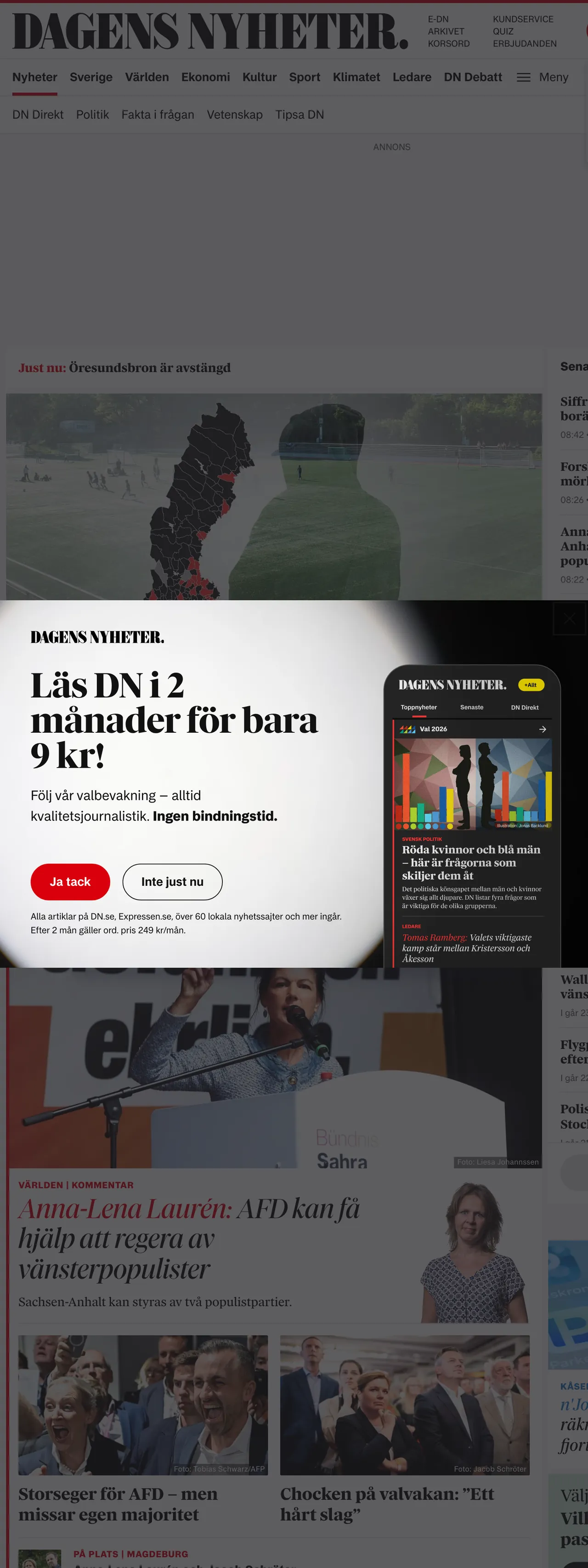 Screenshot of the Dagens Nyheter front page