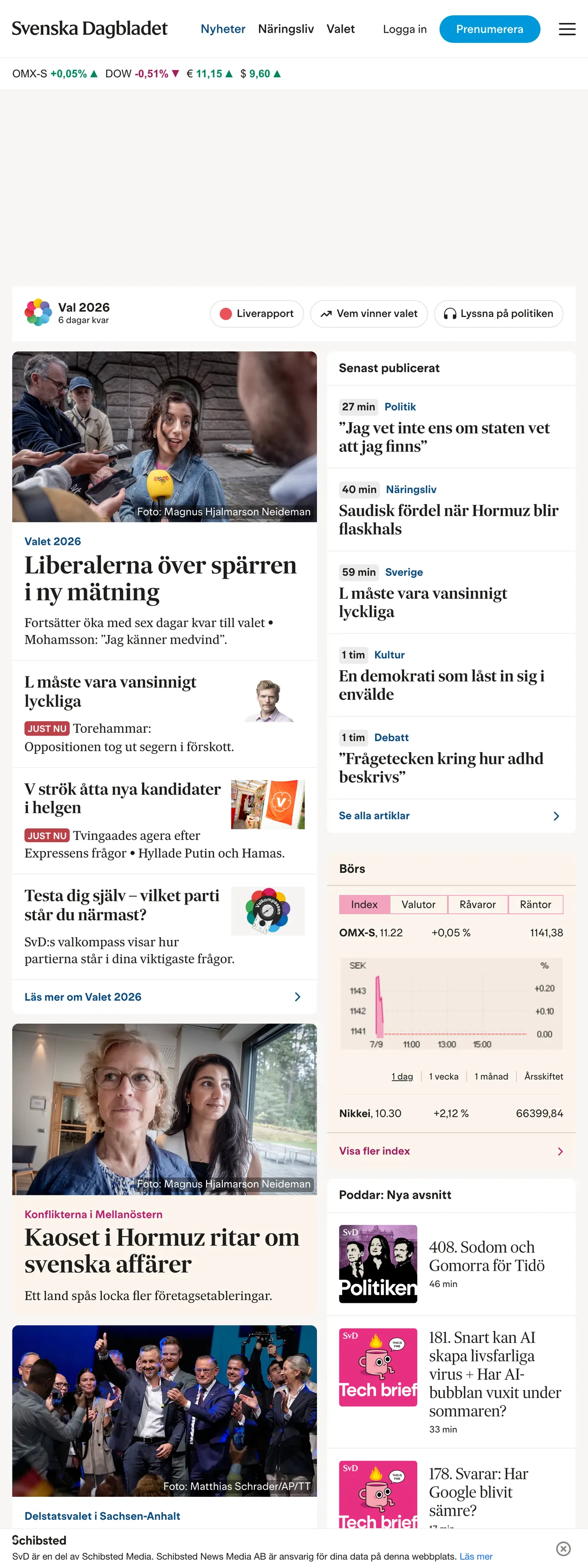 Screenshot of the Svenska Dagbladet front page