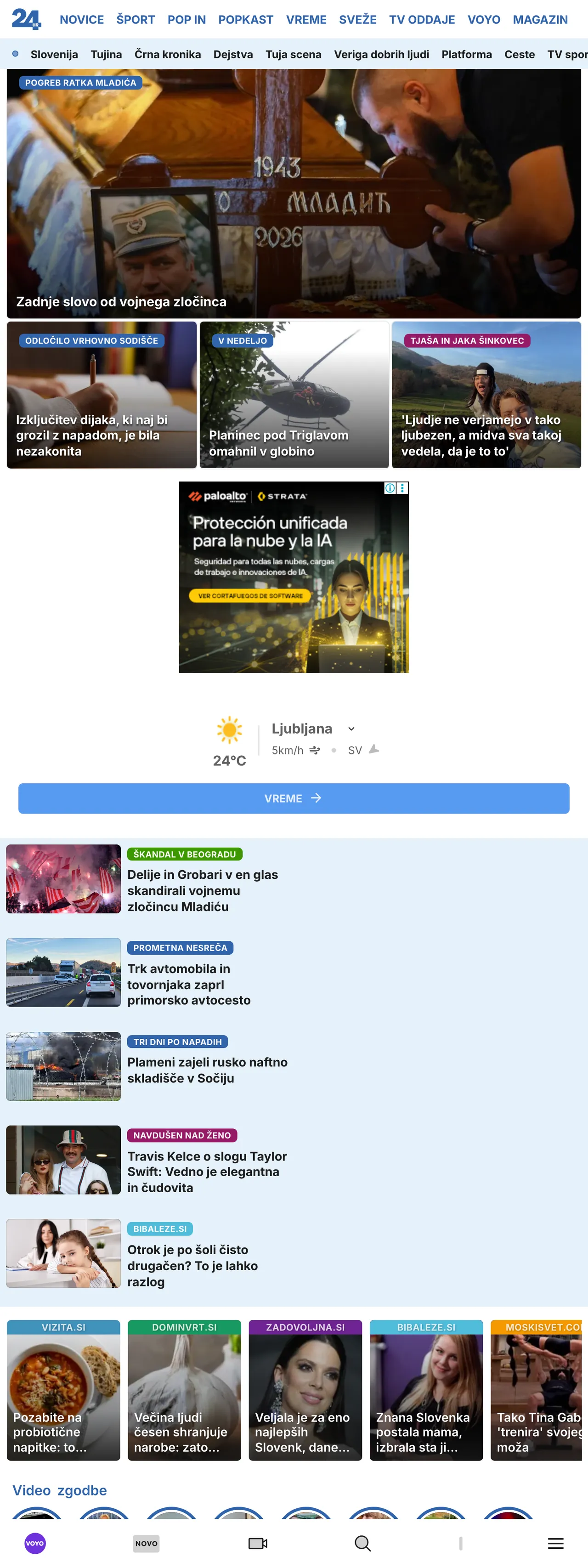 Screenshot of the 24ur front page