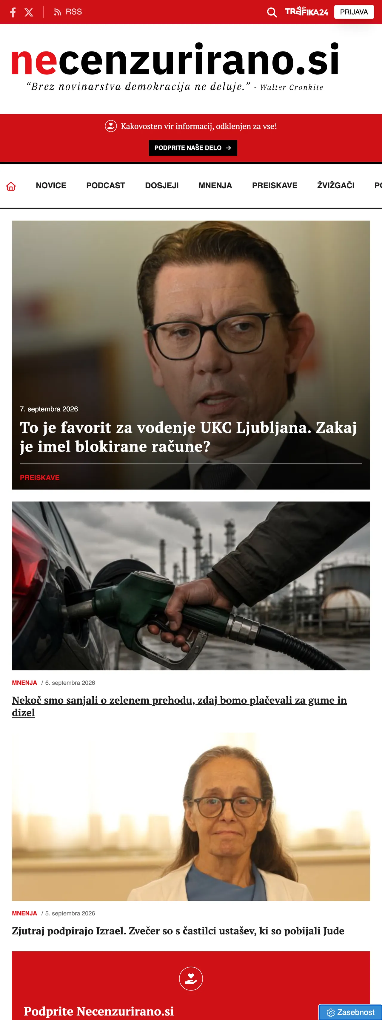 Screenshot of the Necenzurirano front page