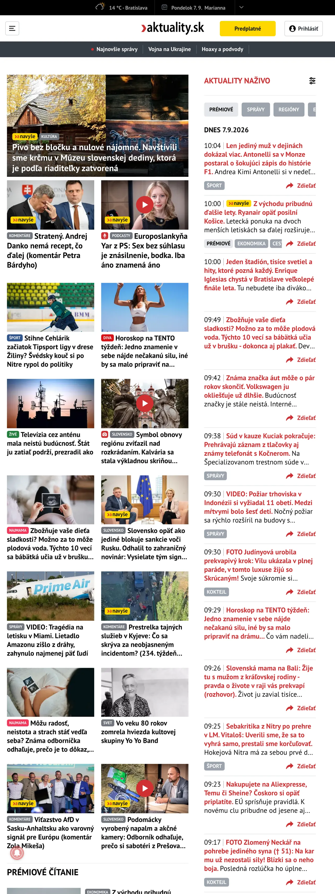 Screenshot of the Aktuality.sk front page