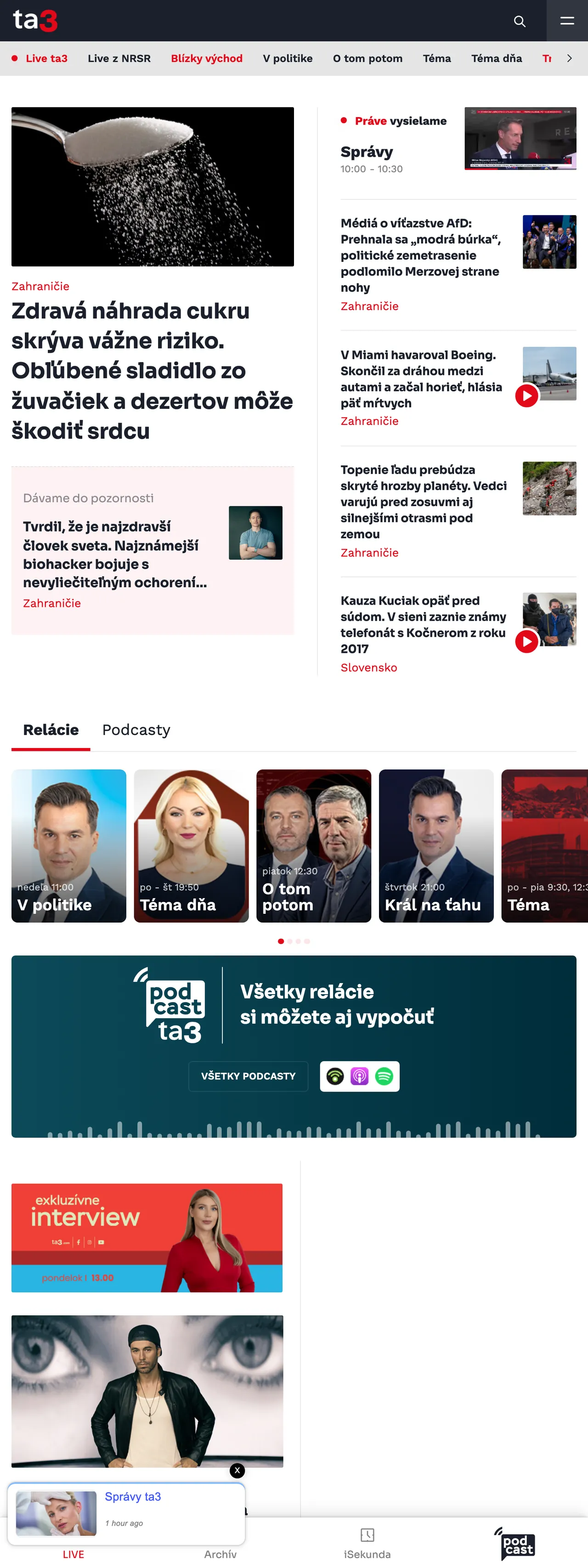Screenshot of the TA3 front page