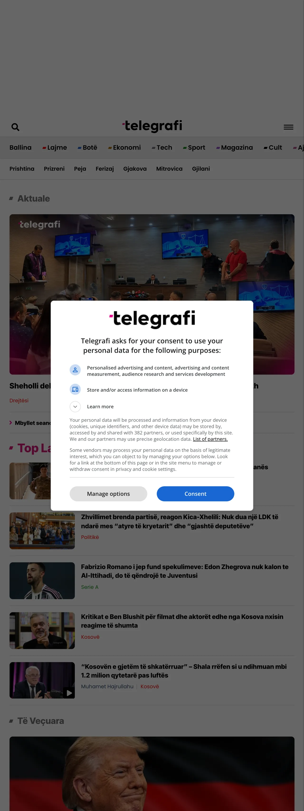 Screenshot of the Telegrafi front page