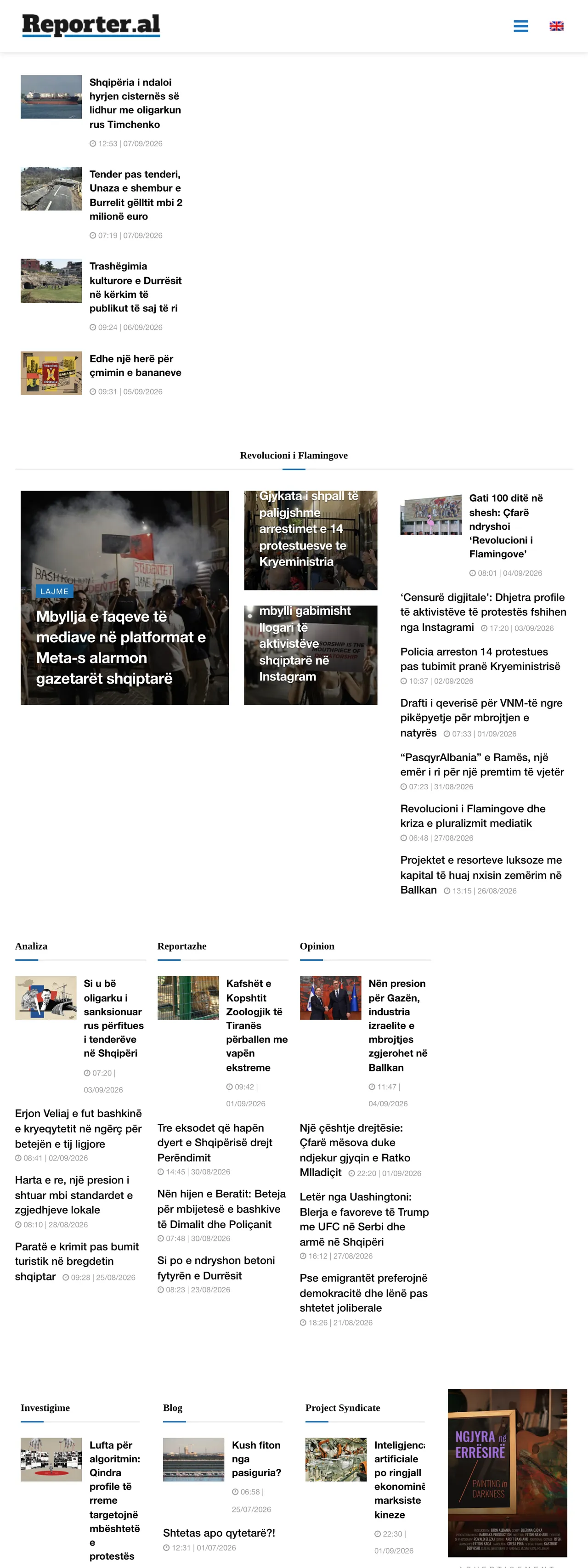 Screenshot of the Reporter.al front page