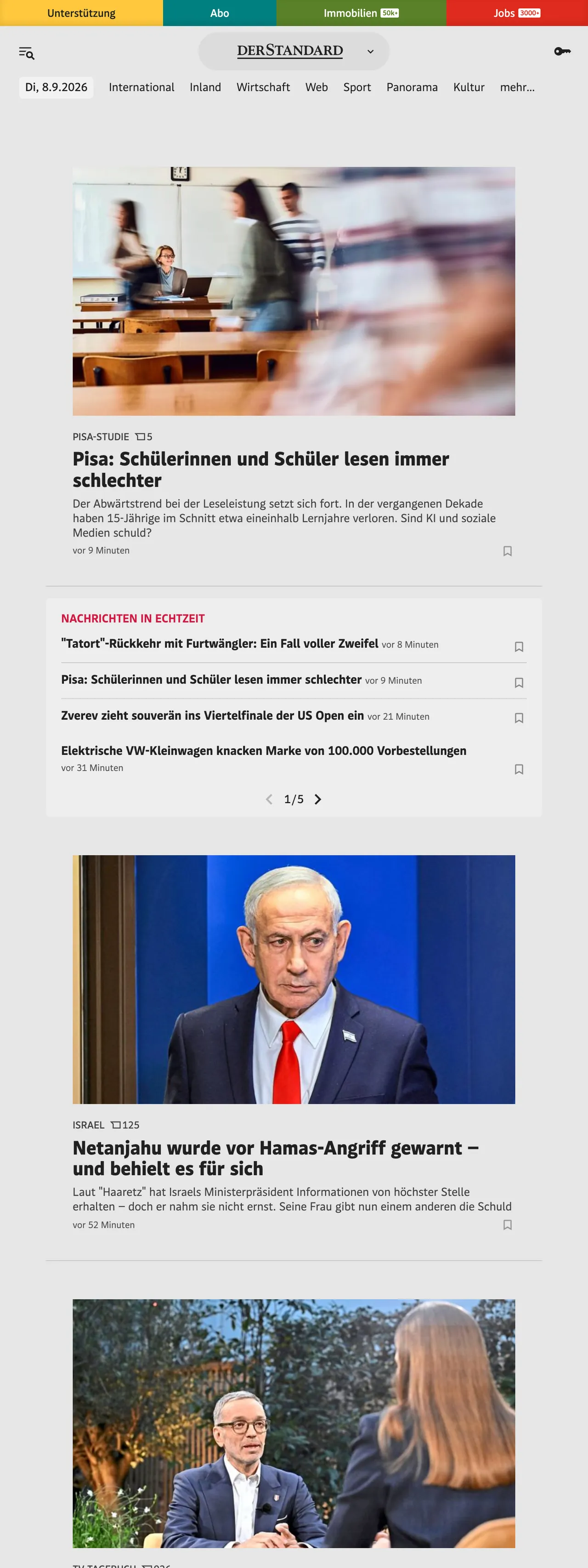 Screenshot of the DER STANDARD front page