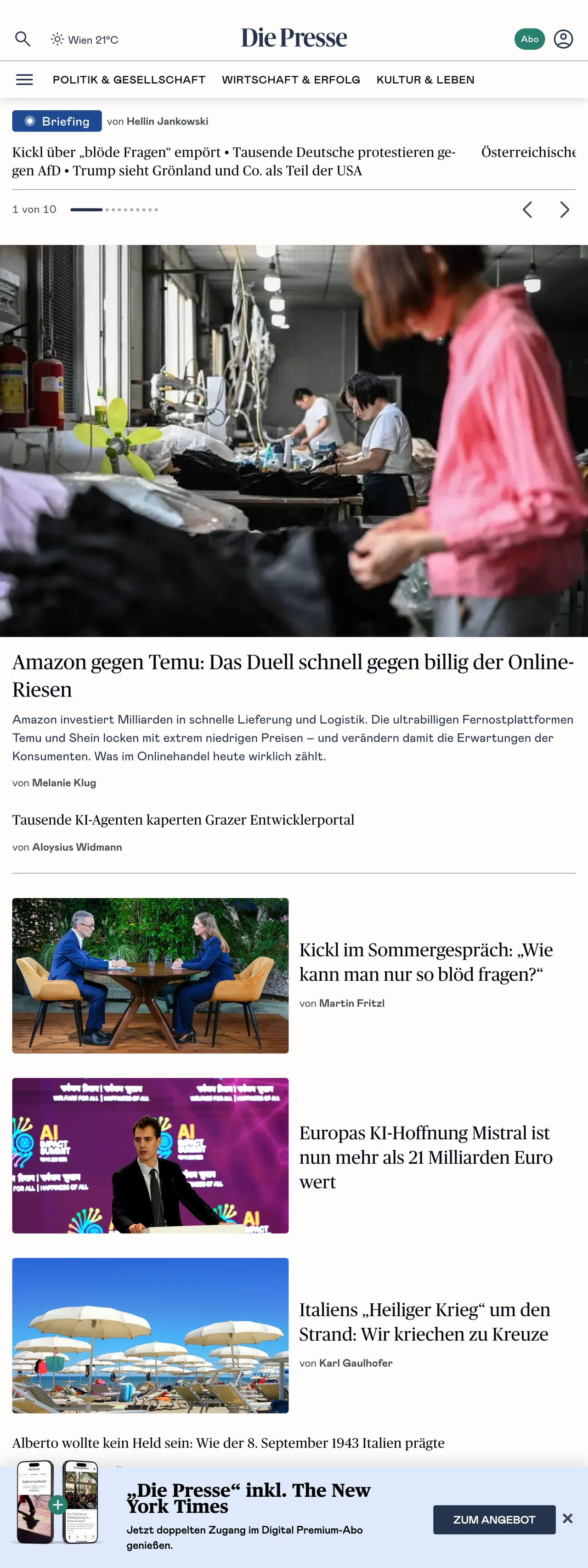 Screenshot of the Die Presse front page