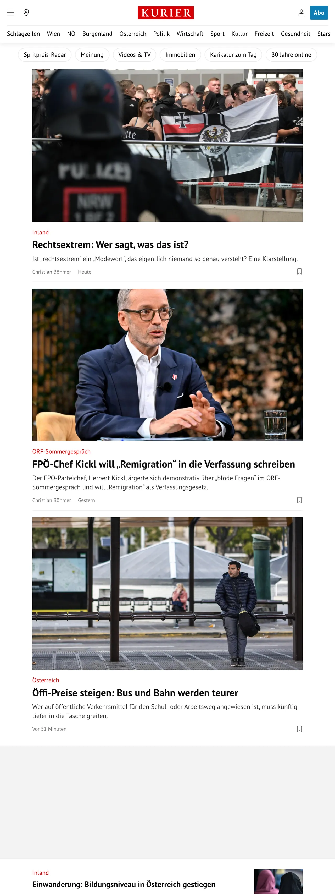Screenshot of the Kurier front page