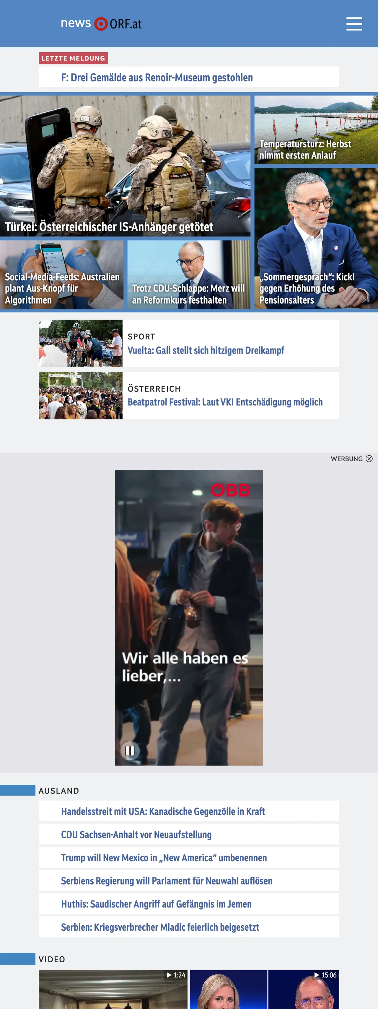 Screenshot of the ORF front page