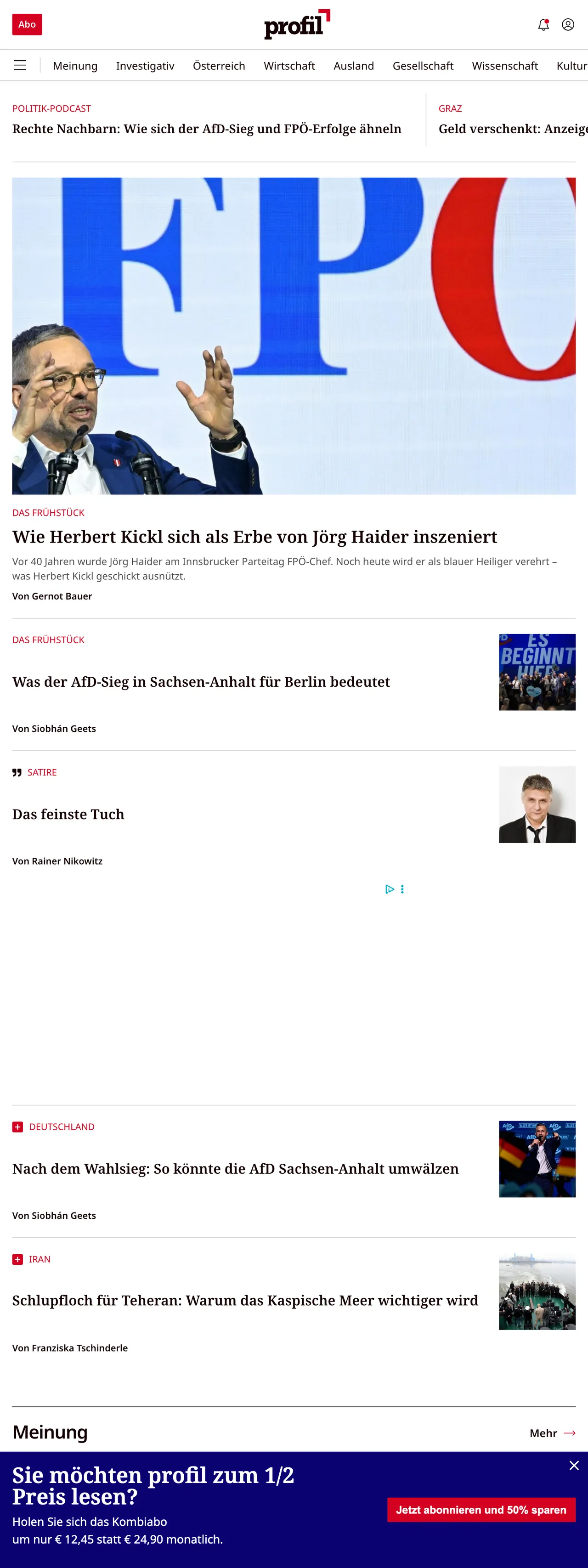 Screenshot of the profil front page