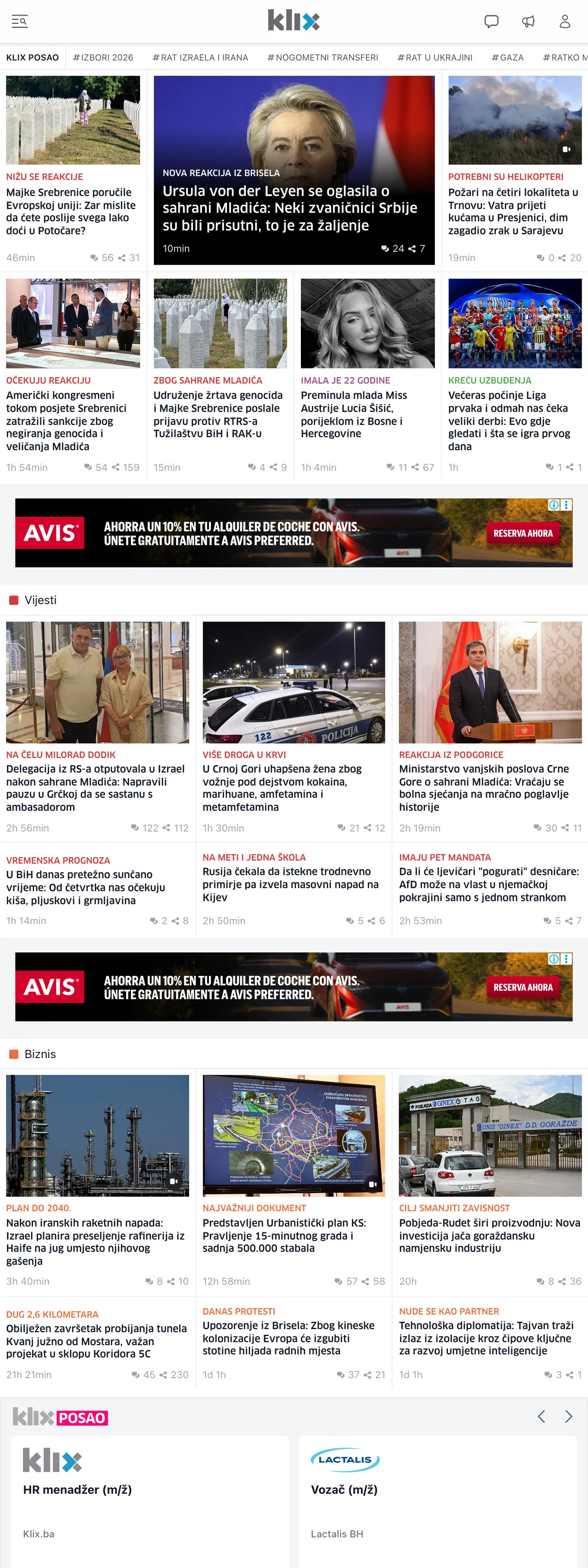 Screenshot of the Klix.ba front page