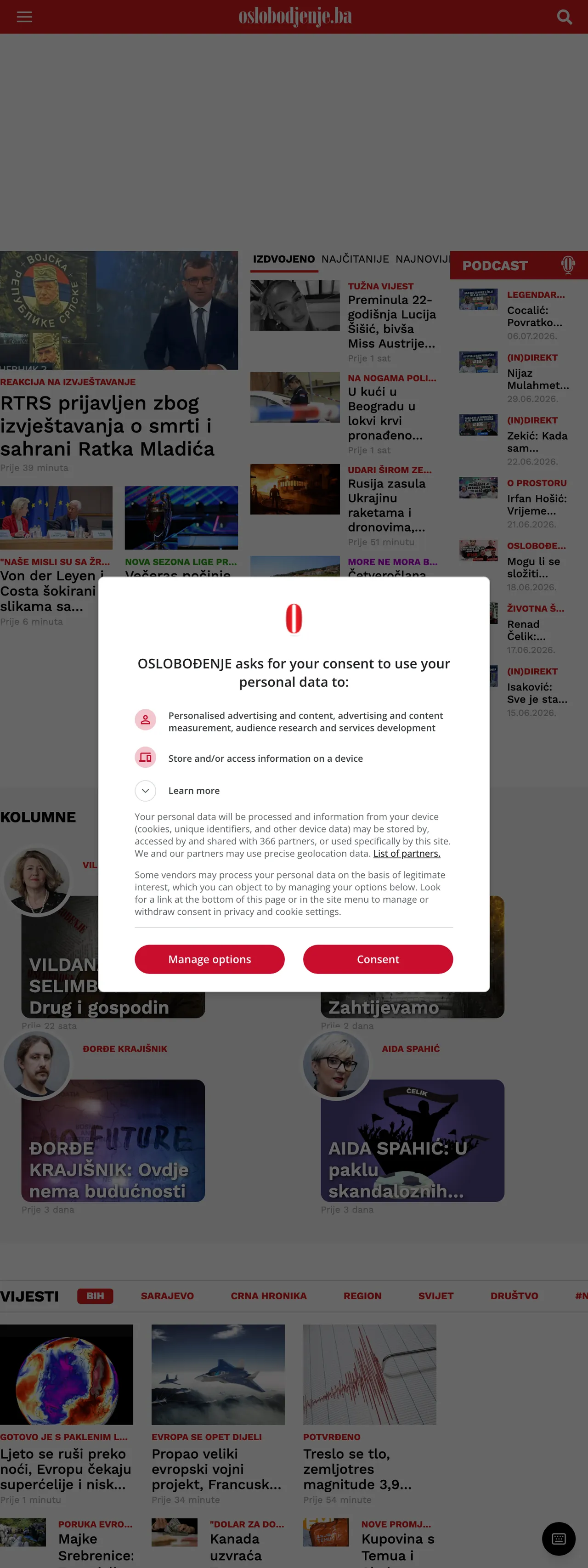Screenshot of the Oslobođenje front page