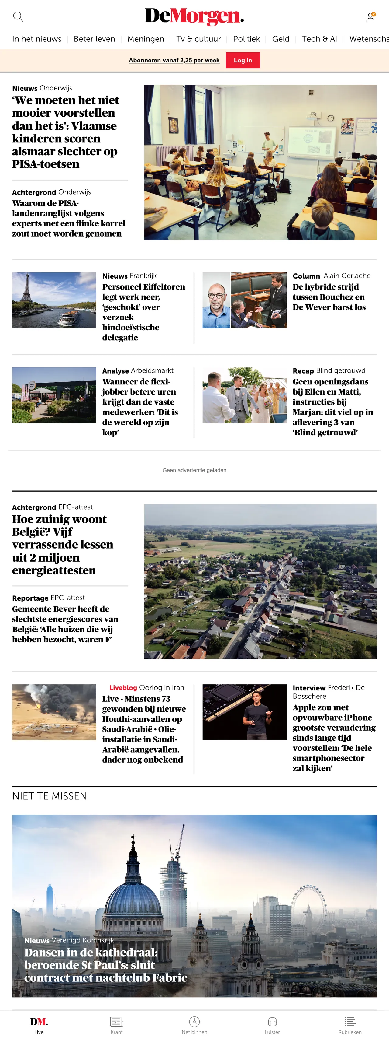 Screenshot of the De Morgen front page