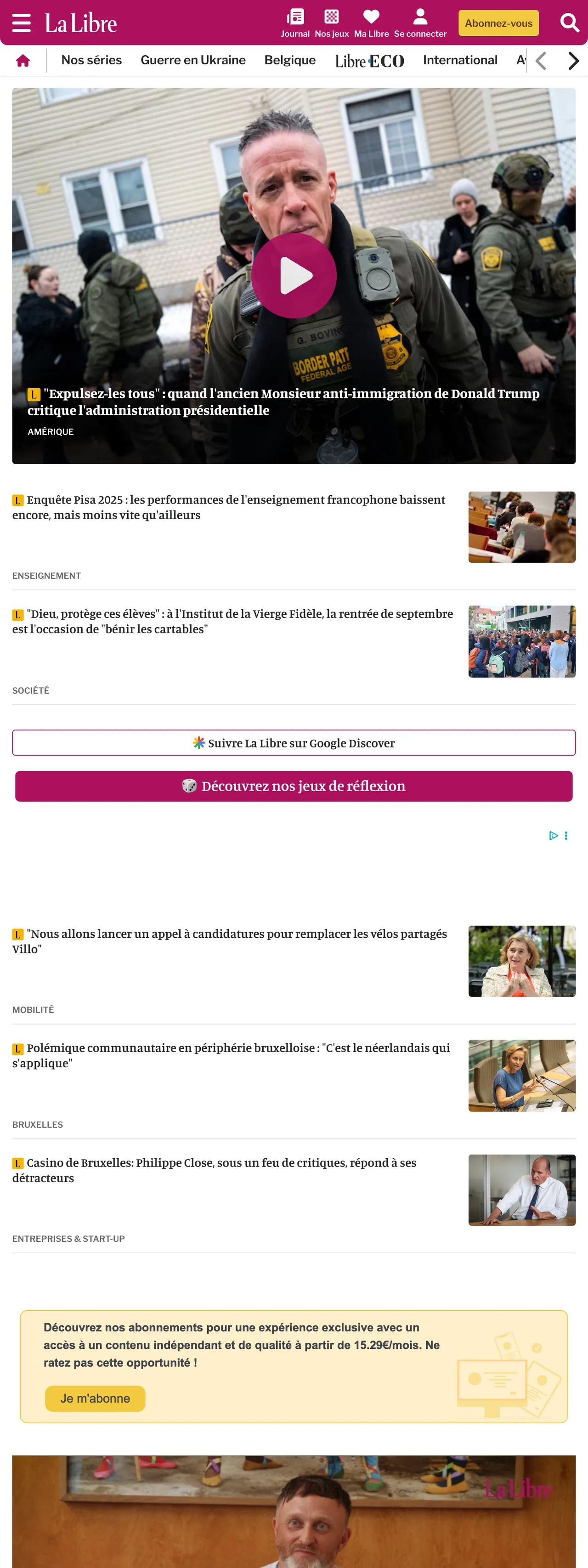 Screenshot of the La Libre front page