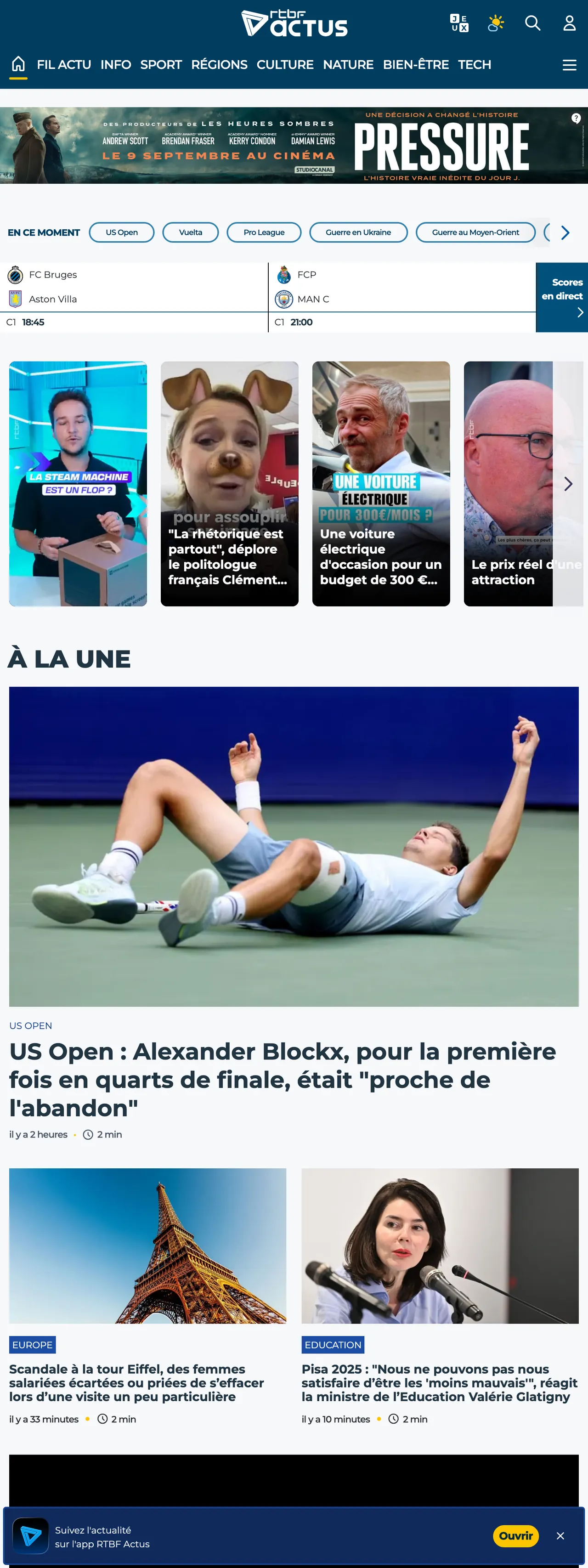 Screenshot of the RTBF front page